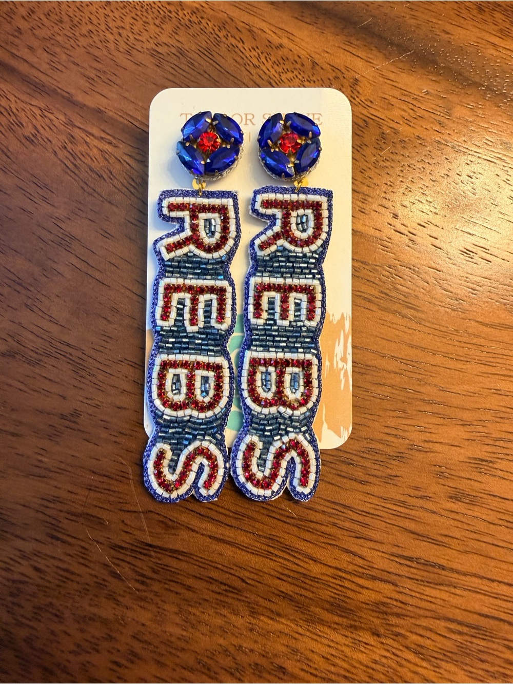 Taylor Shaye Designs Blue and Red 'REBS' Beaded Drop Earrings